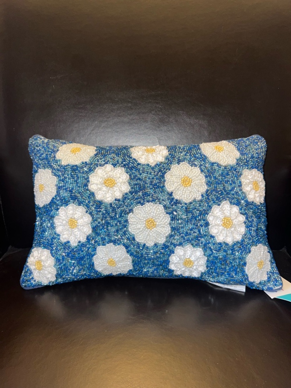 NWT Beaded Decorative Pillow - Blue with Flowers